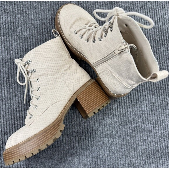 Mia Sian Boots Womens 9 Ivory Snakeskin Lug‎ Sole Platform Combat - Picture 1 of 8